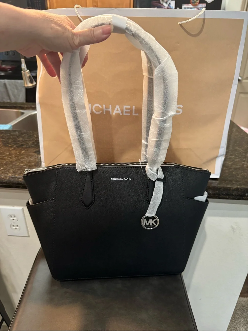 Michael Kors Black Saffiano Tote with Gold Logo Charm